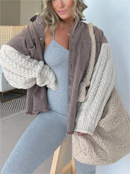 Loose Stitching Sweater Sleeve Denim Woolen Women Coat