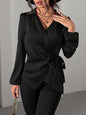 Women Autumn Winter Long Sleeved Satin Shirt Lace up Cinched Blouse Top