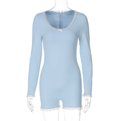 Women Clothing Autumn Sexy U Collar Lace Stitching Back Zipper Slim Fit Long Sleeve Jumpsuit