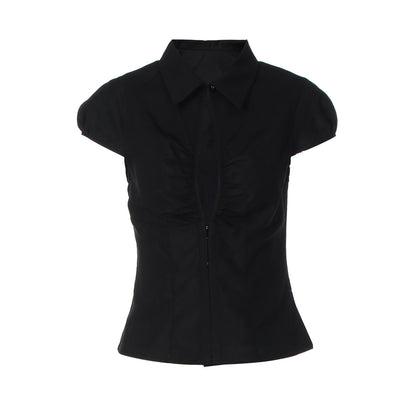 Women Clothing Autumn Winter Sexy Cardigan Breasted Collared Short Sleeve T shirt Top