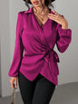 Women Autumn Winter Long Sleeved Satin Shirt Lace up Cinched Blouse Top