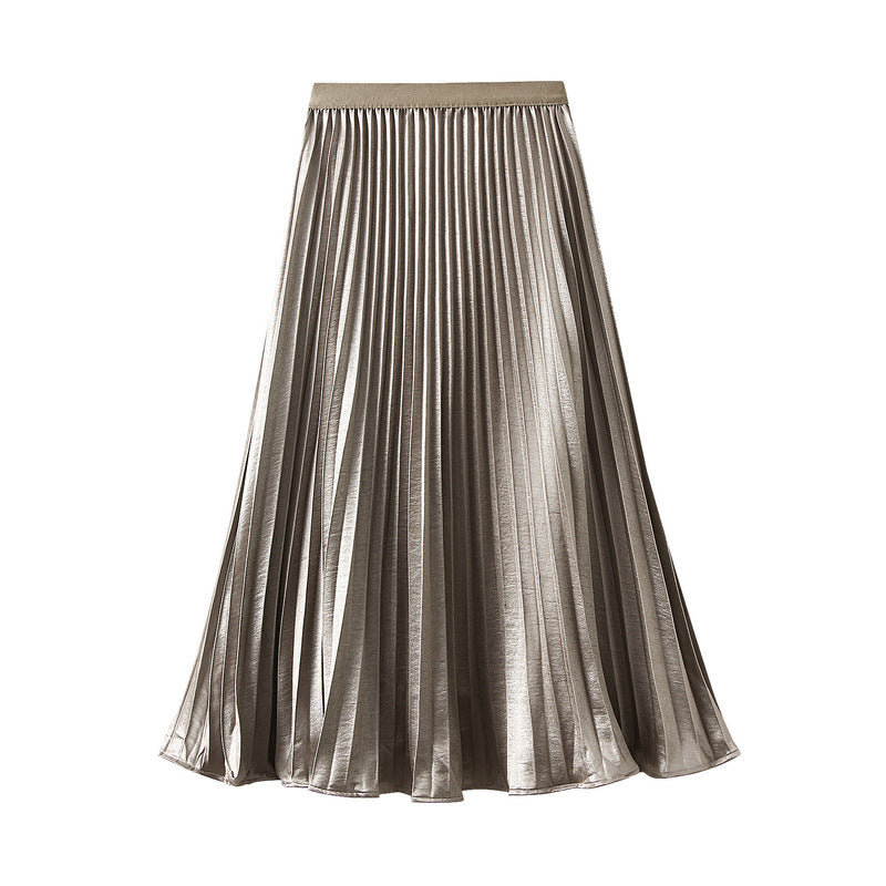 Thin Glittering Pearlescent Pleated Puffy Skirt for Women Autumn Elegant Drape Organ Pleated