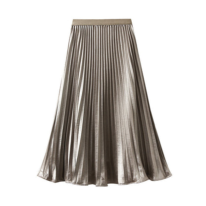 Thin Glittering Pearlescent Pleated Puffy Skirt for Women Autumn Elegant Drape Organ Pleated