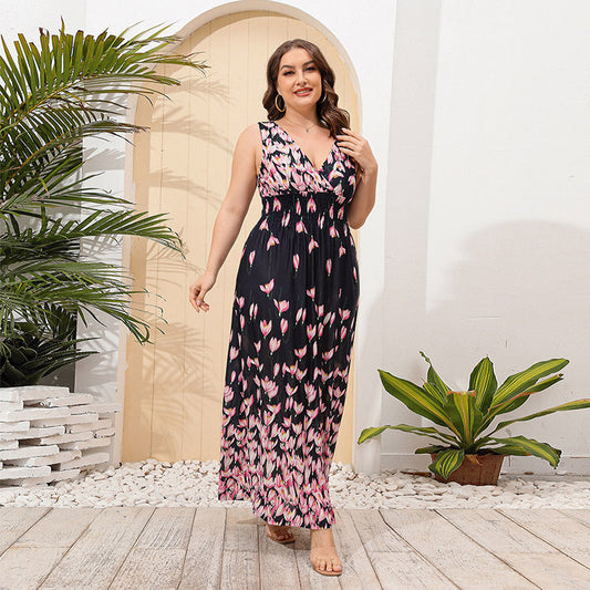 Plus Size Floral Print Dress Women Ice Silk V neck Holiday Beach Dress Long Dress