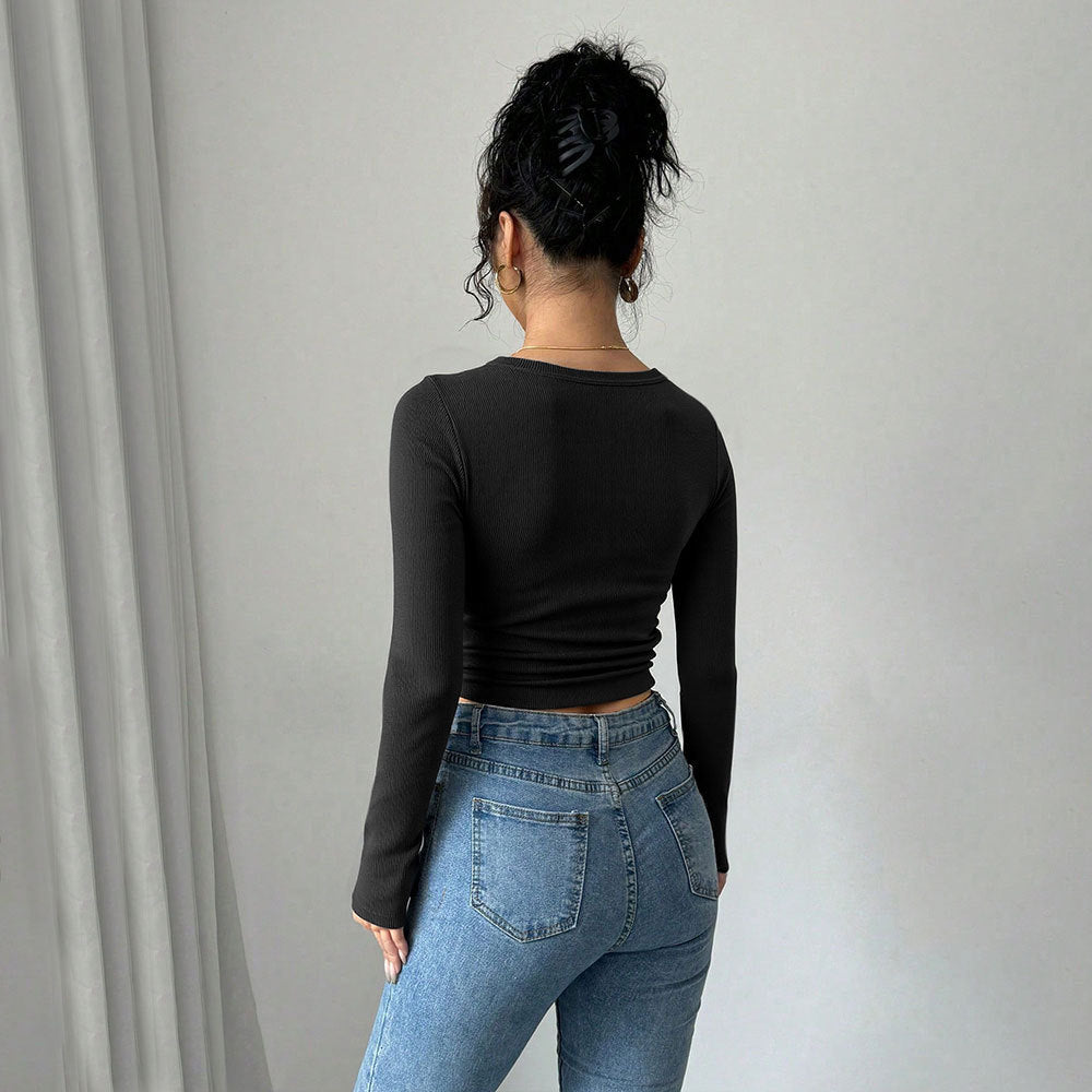 Autumn Sexy Square Collar off Shoulder Long Sleeve Women tretch Tight Cropped T shirt