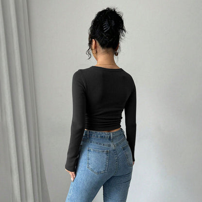 Autumn Sexy Square Collar off Shoulder Long Sleeve Women tretch Tight Cropped T shirt