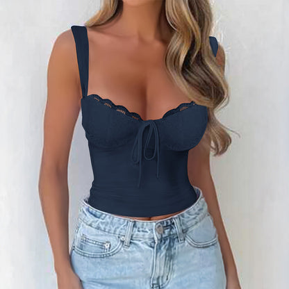 Women Clothing Summer Sexy Lace Top with Narrow Straps Top