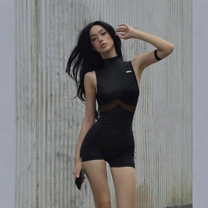 Street Mesh Stitching Hollow Out Cutout Sleeveless Romper Sexy Solid Color Tight Sports Waist Shaping Trousers