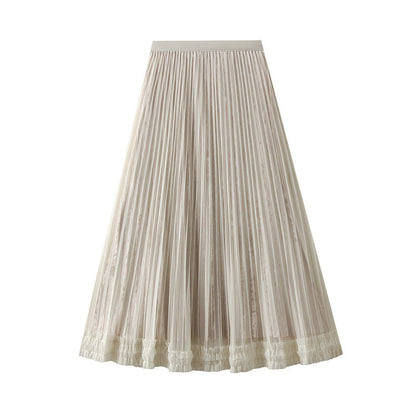 Two Way Wear Mesh Skirt Women Autumn Winter Elastic High Waist Mid-Length A line Pleated Skirt