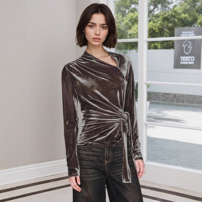 Half Open Collar Long Sleeved Bottoming Shirt Women Twist Lace up Slim Fit Pleuche Top