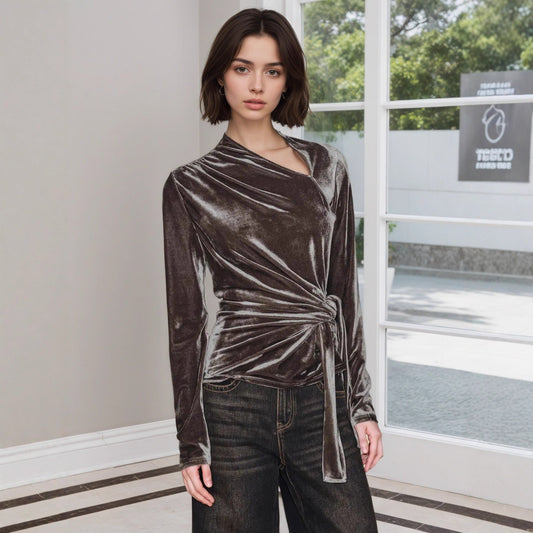 Half Open Collar Long Sleeved Bottoming Shirt Women Twist Lace up Slim Fit Pleuche Top