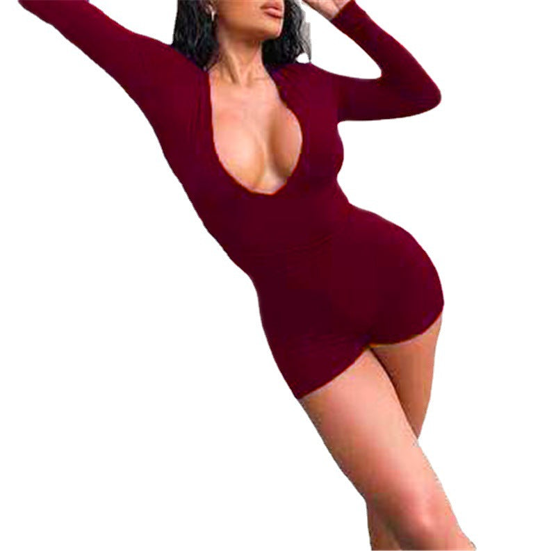 Autumn Sexy Low Cut Solid Color Slim Fit Backless Drawstring Strap Romper