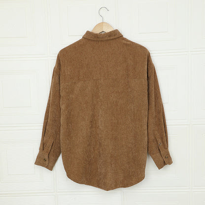 Solid Color Shirt Women Autumn Winter Breasted Collared Pocket Top Corduroy Cardigan Shirt Women