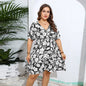 Plus Size Casual V Neck Loose Printed Short Sleeve Dress