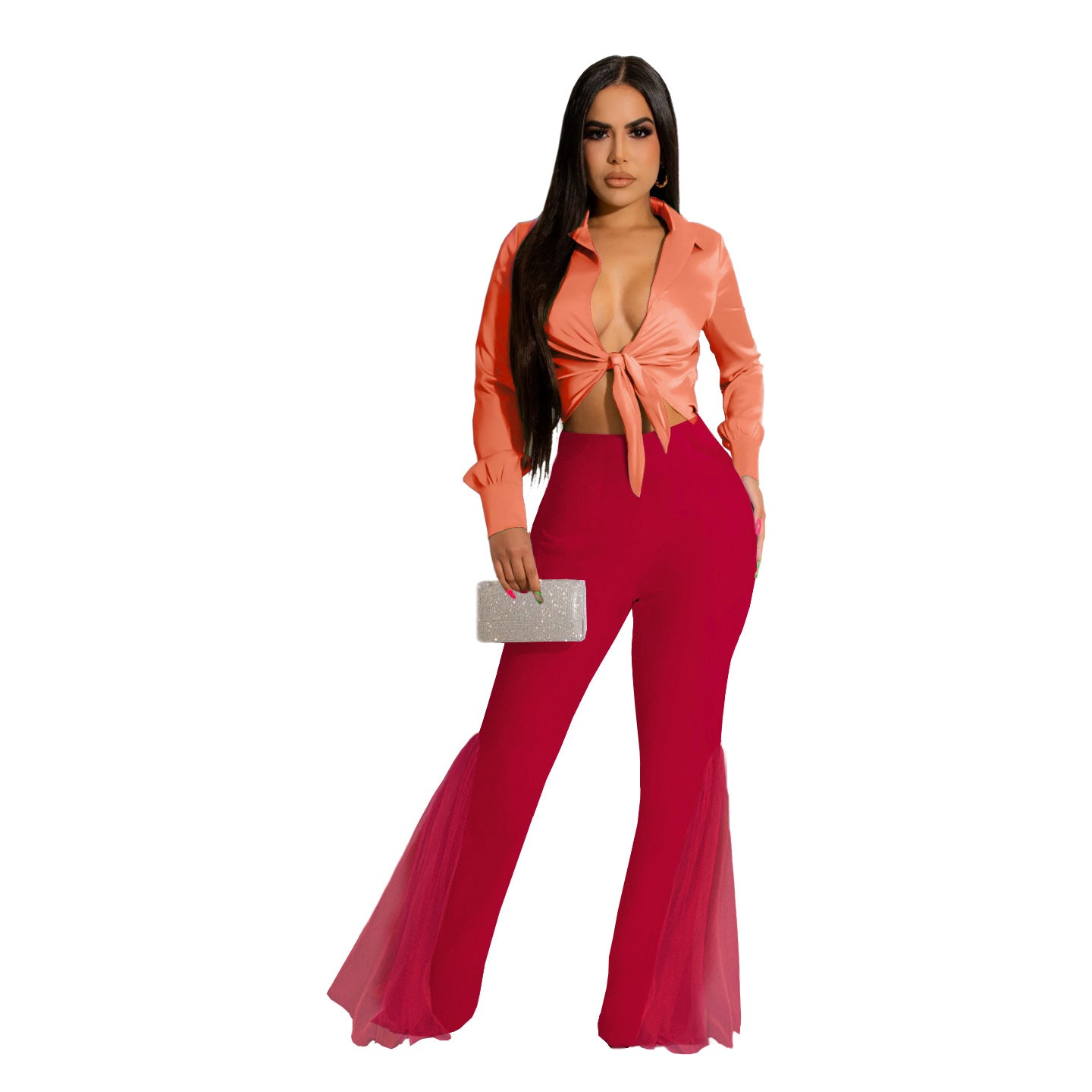 Women Clothing Sexy High Waist Split Slimming Easy Matching Mesh Patchwork Pocket Bell Bottom Pants