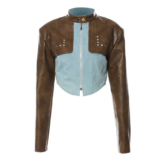 Vintage Color Block Leather Jacket - Patchwork Short Coat
