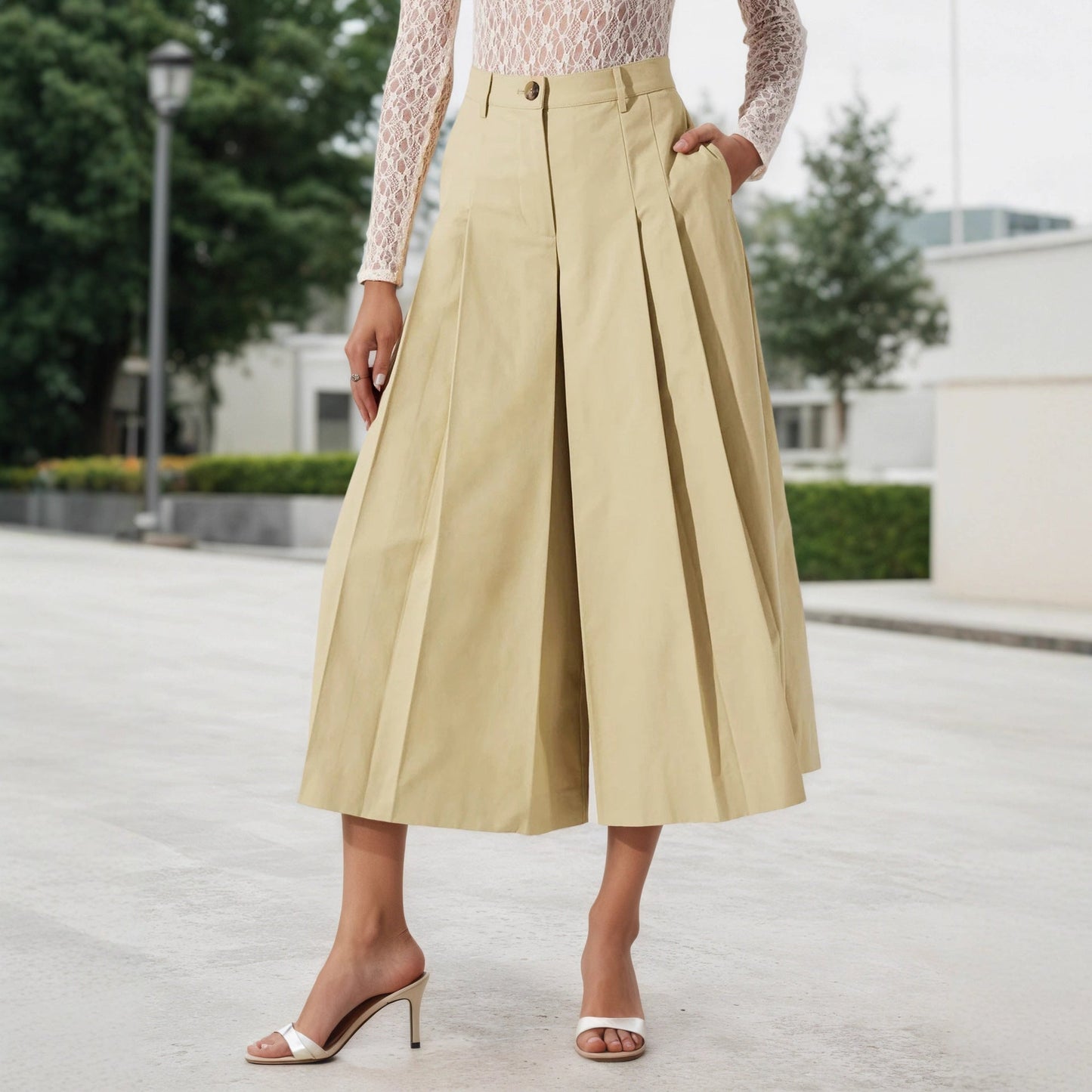 Women Pantskirt High Waist Casual Slimming Pleated Design Wild Wide Leg Pants