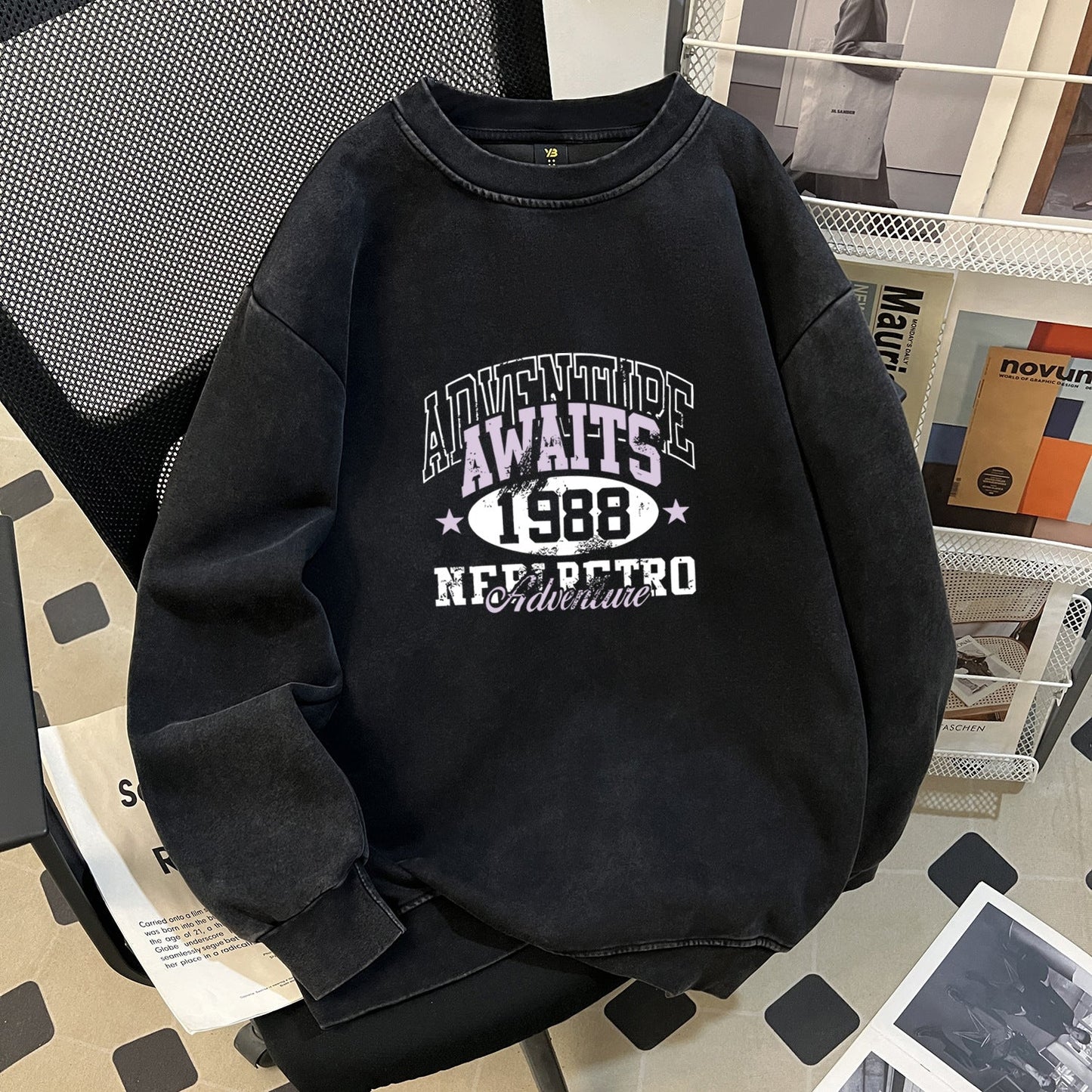 Retro Goth Letter Graphic Printed Cotton Chinese Cotton Composite Long Sleeve Washed Distressed Waxed round Neck Sweater