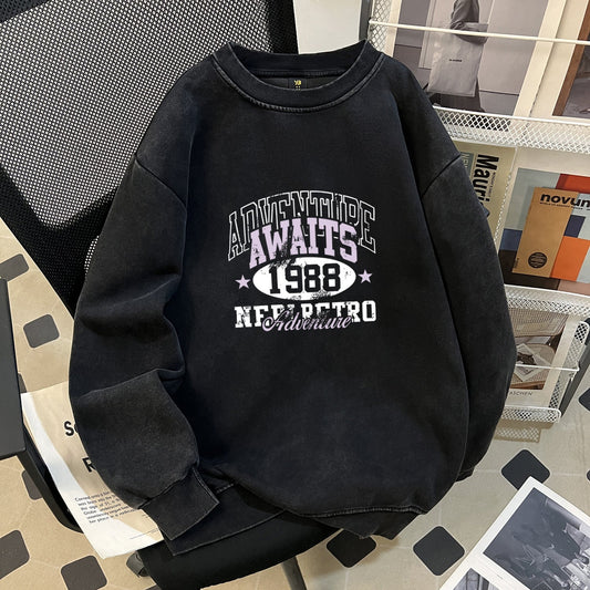 Retro Goth Letter Graphic Printed Cotton Chinese Cotton Composite Long Sleeve Washed Distressed Waxed round Neck Sweater