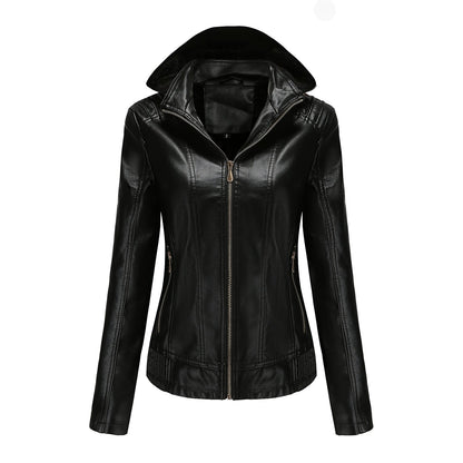 Fall Winter Hooded Leather Coat Women's Detachable Hat Long Sleeve Zipper Fleece-Lined Leather Jacket Slim Coat