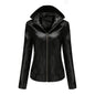 Fall Winter Hooded Leather Coat Women's Detachable Hat Long Sleeve Zipper Fleece-Lined Leather Jacket Slim Coat