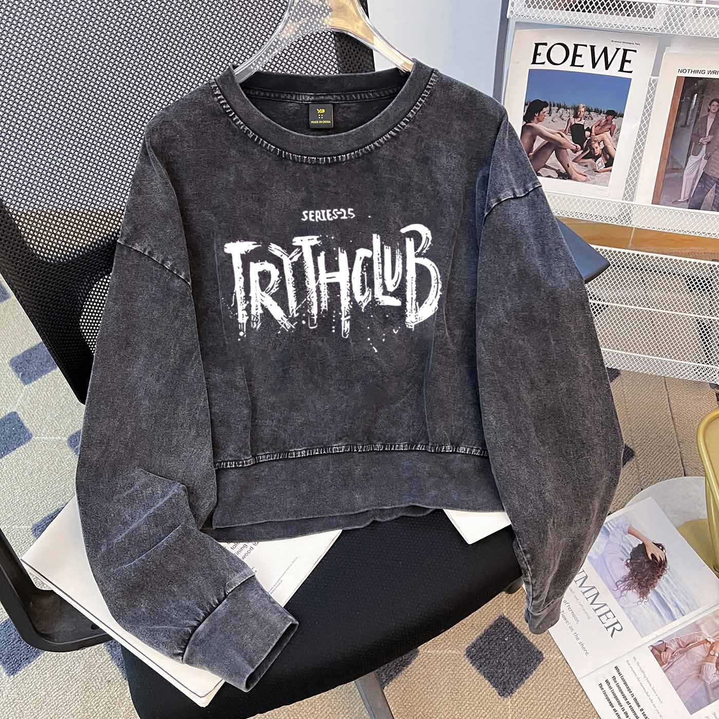 Street Niche Washed out Vintage Heavy Cotton O neck Short Women Washed Distressed Long T Shirt