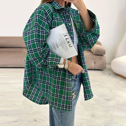 Retro Plaid Shirt Women Casual Plaid Top All Matching Collared Loose Mid Length Shirt