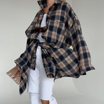 Autumn Winter Classic Retro Boyfriend Plaid Shacket Women All Match Loose Shirt