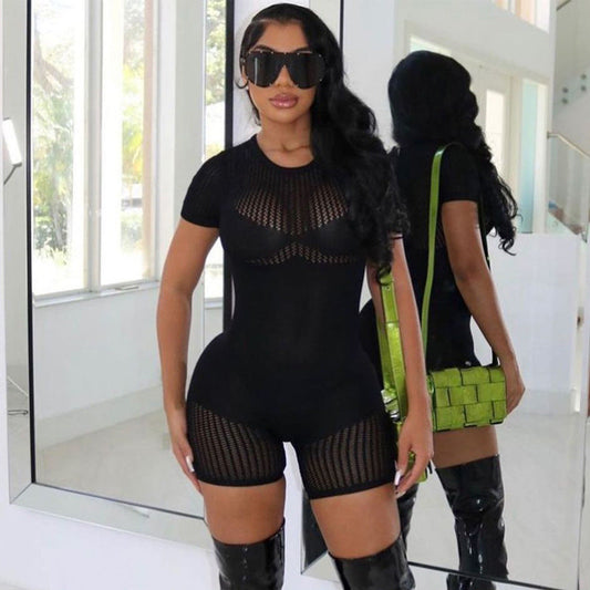 Summer Women Clothing Zipper Sexy Cutout Skinny Hip Raise Knitted Short Romper Women