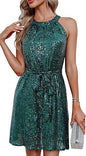 Women Clothing Sequ Dress Half Halter Collar Sleeveless Sparkling Dress