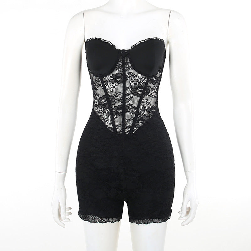 Fall Women Clothing Vacation Elegant Sexy Slim Tube Top Lotus Rhizome Node Lace Romper Women