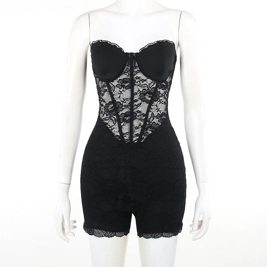 Fall Women Clothing Vacation Elegant Sexy Slim Tube Top Lotus Rhizome Node Lace Romper Women