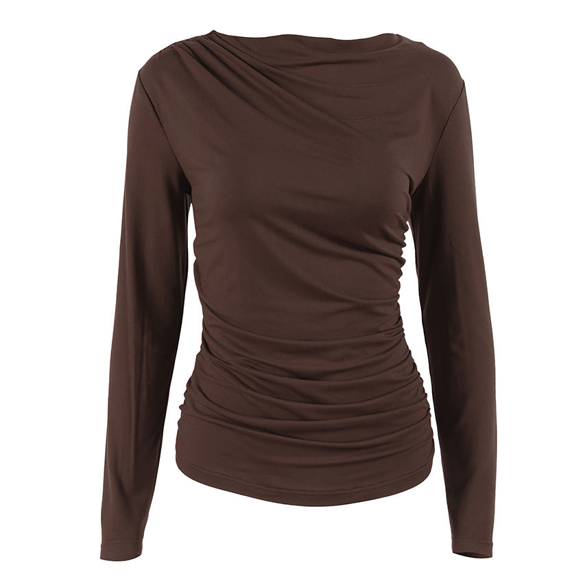 Autumn Arrival Pleating Niche Slim Waist Tight Sexy Long Sleeve Bottoming Shirt for Women