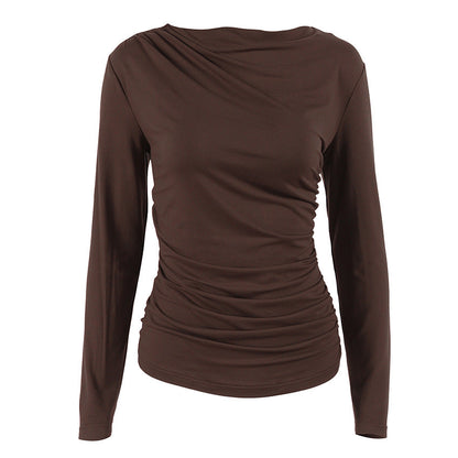 Autumn Arrival Pleating Niche Slim Waist Tight Sexy Long Sleeve Bottoming Shirt for Women