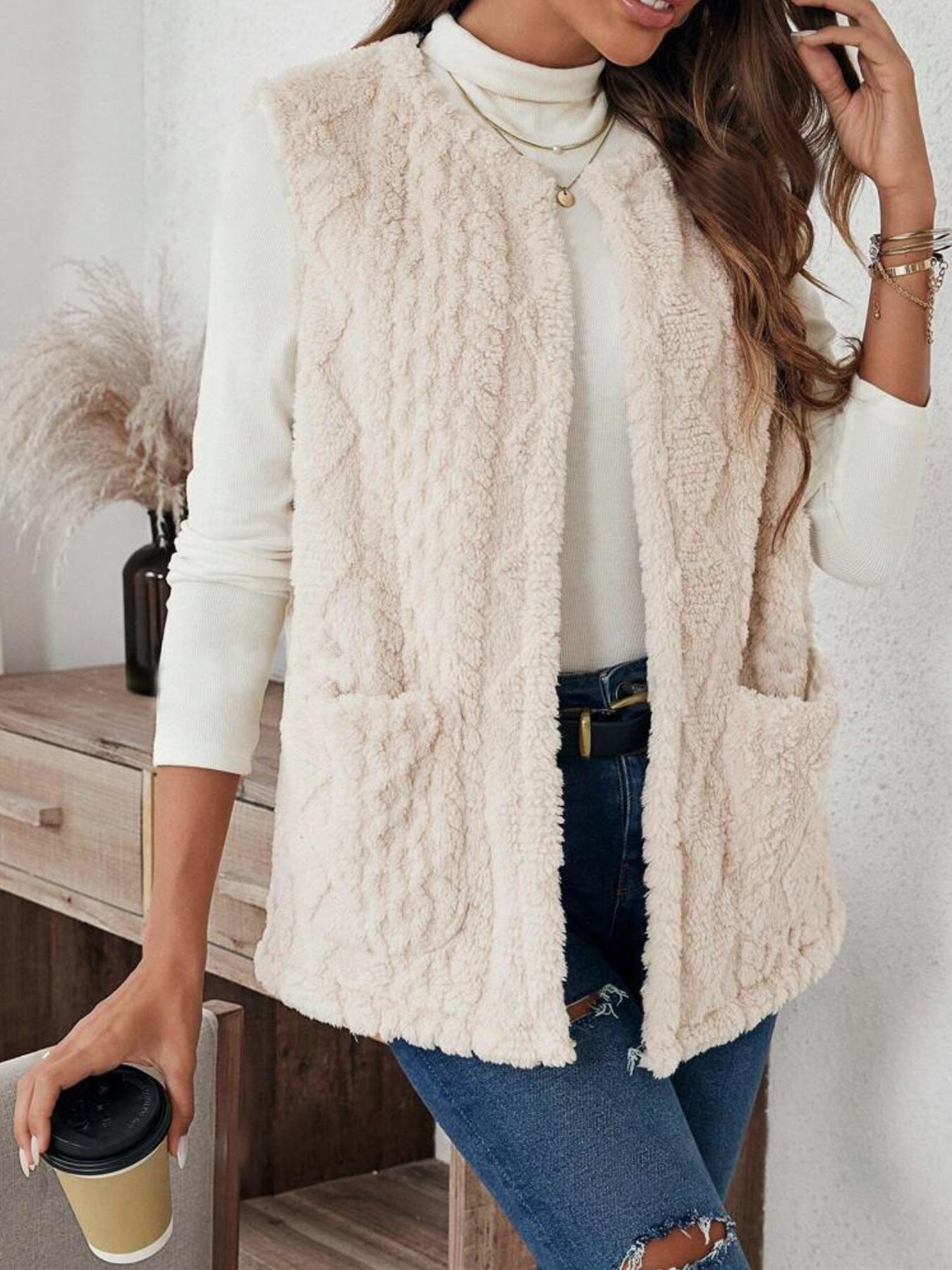 Double Sided Plush Pocket Casual Cardigan Vest Women