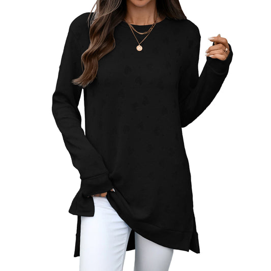 Autumn Winter Solid Color round Neck Loose Long Sleeve Split T shirt Top Women