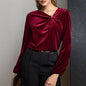 Women Clothing Autumn Velvet Pleated Long Sleeved Shirt Twisted Shoulder Collar Shirt