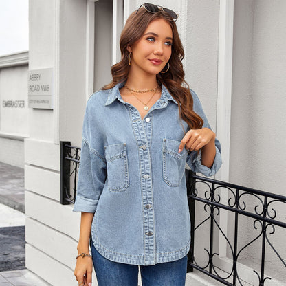Washed Retro Loose Casual Early Autumn Split Denim Shirt