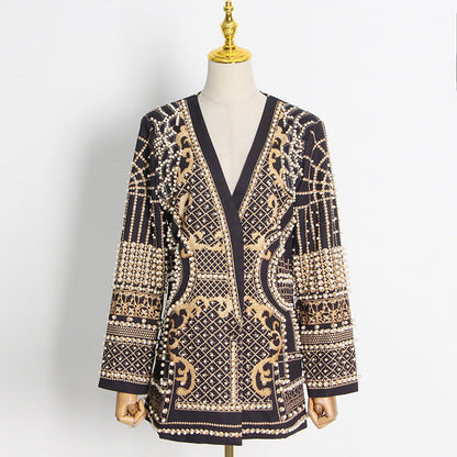 Court Light Luxury Coat Autumn V neck Long Sleeve Women Floral Print Beaded Chinese Small Women