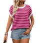 Women Clothing Summer round Neck Knitted Top Casual Striped Contrast Color Sweater
