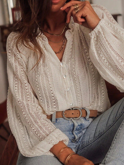 Spring Autumn Loose Hollow Out Cutout Lace V neck Single Breasted Long Sleeve Shirt
