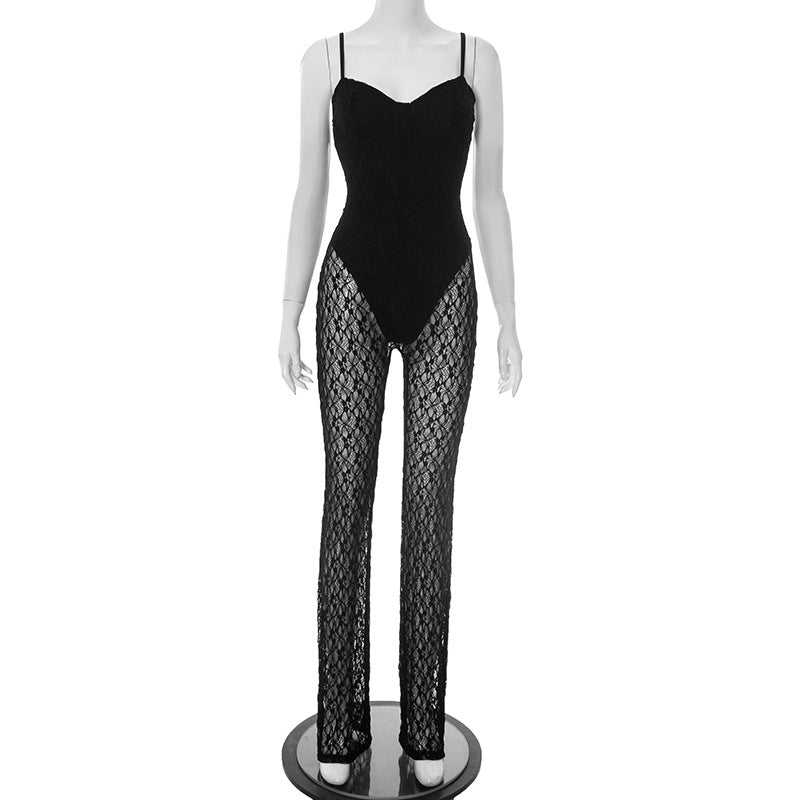 Women Clothing Sexy Lace Tube Tops Strap Backless Micro Transparent Mesh Trousers Jumpsuit Women