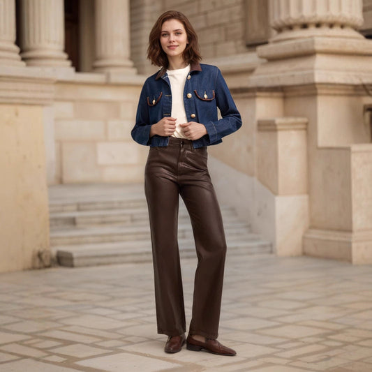 Button Embellishment with Leather Patchwork Collar Pocket Details Design Elegant Imitation Denim Jacket