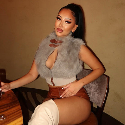 Women Clothing Autumn Winter Solid Color Sleeveless Plush Cardigan Zipper Vest Bare Cropped Slim Fit Top