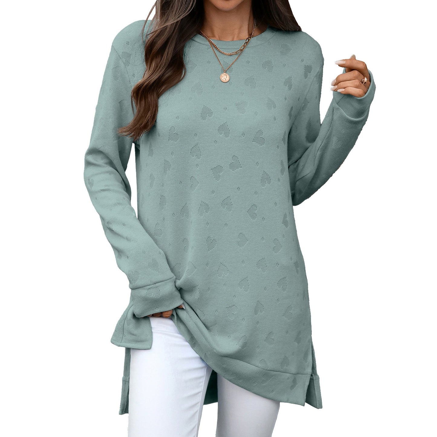 Autumn Winter Solid Color round Neck Loose Long Sleeve Split T shirt Top Women