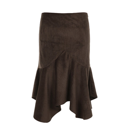 Maillard Women Autumn Winter Retro Brown Mid Length with Irregular Asymmetric Design