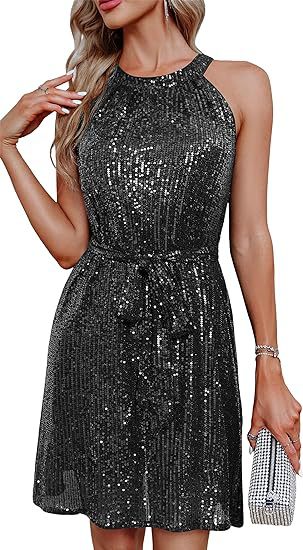 Women Clothing Sequ Dress Half Halter Collar Sleeveless Sparkling Dress