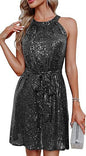 Women Clothing Sequ Dress Half Halter Collar Sleeveless Sparkling Dress