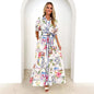 Women Clothes Cotton Linen Floral Print Lace up Short Sleeve Dress Women