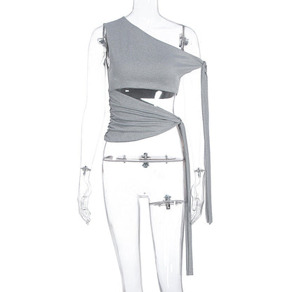 Summer Women Clothing Sexy Bow Strap Shoulder Slim Fit Short Sleeve